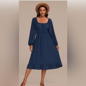 BloomChic Long Sleeve Blue Swiss Dot Dress